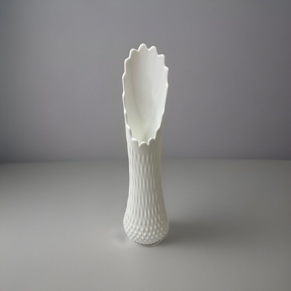 Vintage Fenton Milk Glass Hobnail Swung Vase Unique Large Vintage  16”